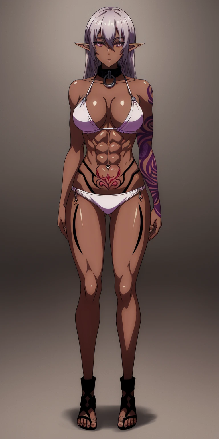 ((1woman)) whole body, standing, gray skin, drow, elf, 1 girl, maduro, purple eyes, by white, black bikini, ABS, Large knockers, tattered rags, chain collar, stomach tattoo (red tattoo)