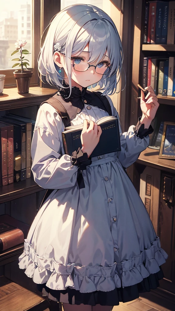 (masterpiece), (best quality), ((very detailed)), (very delicate), (A young girl),****************, silver short hair. Soft, shiny hair. Clear cyan droopy eyes, long bangs covering her eyes. Wears glasses to avoid eye contact., Cute frilly dress with detailed textures, Luxurious room with bookshelves and fancy furniture. Often reading books,Shy, always looking down, lacking confidence, on the verge of tears