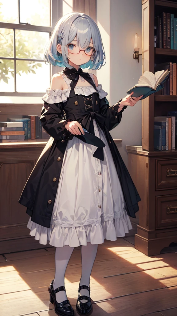 (masterpiece), (best quality), ((very detailed)), (very delicate), (A young girl),****************, silver short hair. Soft, shiny hair. Clear cyan droopy eyes, long bangs covering her eyes. Wears glasses to avoid eye contact., Cute frilly dress with detailed textures, Luxurious room with bookshelves and fancy furniture. Often reading books,Shy, always looking down, lacking confidence, on the verge of tears