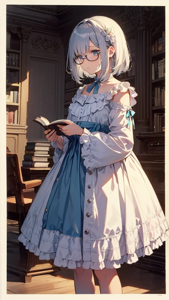 (masterpiece), (best quality), ((very detailed)), (very delicate), (A young girl),****************, silver short hair. Soft, shiny hair. Clear cyan droopy eyes, long bangs covering her eyes. Wears glasses to avoid eye contact., Cute frilly dress with detailed textures, Luxurious room with bookshelves and fancy furniture. Often reading books,Shy, always looking down, lacking confidence, on the verge of tears