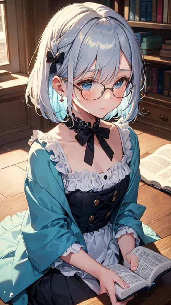 (masterpiece), (best quality), ((very detailed)), (very delicate), (A young girl),10-year-old girl, silver short hair. Soft, shiny hair. Clear cyan droopy eyes, long bangs covering her eyes. Wears glasses to avoid eye contact., Cute frilly dress with detailed textures, Luxurious room with bookshelves and fancy furniture. Often reading books,Shy, always looking down, lacking confidence, on the verge of tears