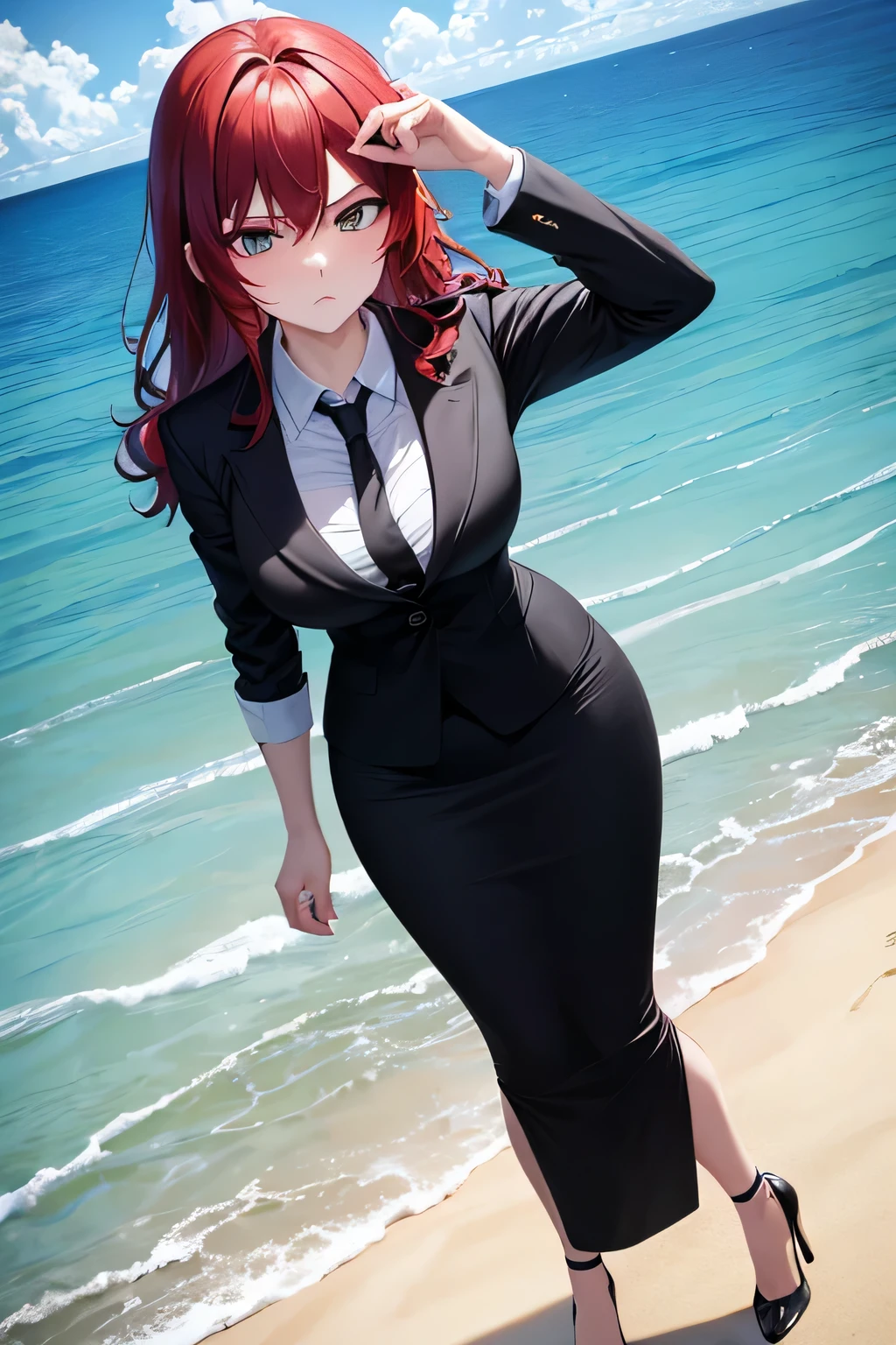 ((masterpiece, best quality)), highres, beautiful angry business woman looking at viewer frustrated, black business suit, black midi pencil skirt, long skirt, black blazer and tie, heels, full body, hand on hip, medium crimson hair, wavy hair, summer, beach, ocean, ocean waves, rock, sand