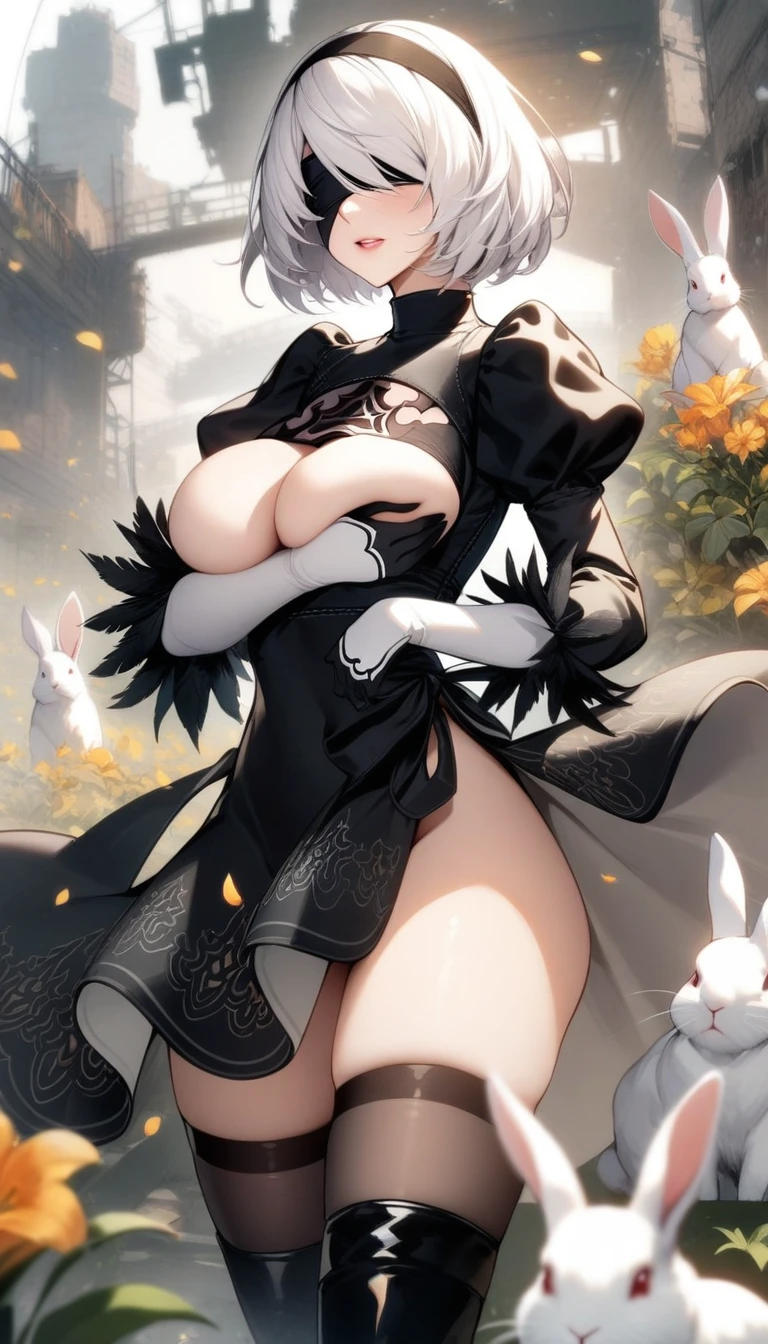 masterpiece, best quality, very aesthetic, absurdres, 1girl, mature_lady, holding 2 big white rabbits, rabbits cover breasts, upper body,,2b_(nier:automata), nier:automata, nier_(series), 1girl, short_hair, white_hair, covered_eyes, black_blindfold, black_hairband, hairband, black_dress, dress, feather-trimmed_sleeves, feather_trim, gloves, juliet_sleeves, long_sleeves, puffy_sleeves, thighhighs, thighhighs_under_boots,surrounding by flowers,falling_petals, outdoors, petals,,blur background,background defocus