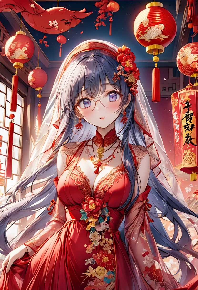 very long hair,（（（Eyes are very delicate）））（（（hair accessories）））（（（veil）））,necklace,Misako wears a red transparent sexy silk dress, ((skin glowing))The room is filled with Chinese New Year decorations（（（masterpiece）））, （（best quality））, （（intricate details））, （（Surreal））（8k）