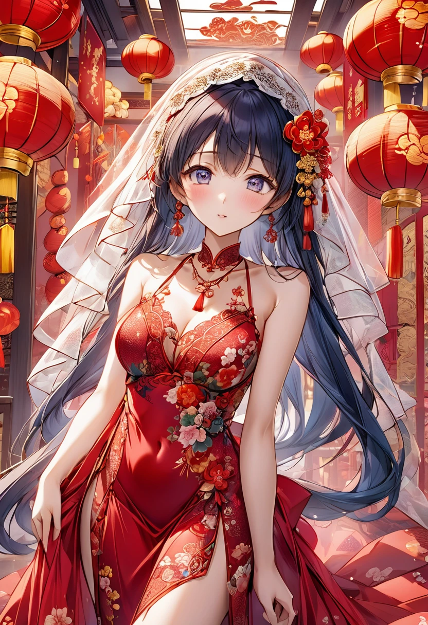 very long hair,（（（Eyes are very delicate）））（（（hair accessories）））（（（veil）））,necklace,Misako wears a red transparent sexy silk dress, ((skin glowing))The room is filled with Chinese New Year decorations（（（masterpiece）））, （（best quality））, （（intricate details））, （（Surreal））（8k）