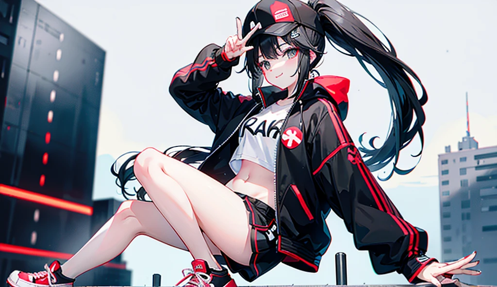 (ponytail),(Black Hair),beautiful girl,Peace sign near face, Wear a black hat,Red sneakers,In the crowd,White tops,Black jacket,Black shorts,Tall buildings,signal machine,A lot of people,smile