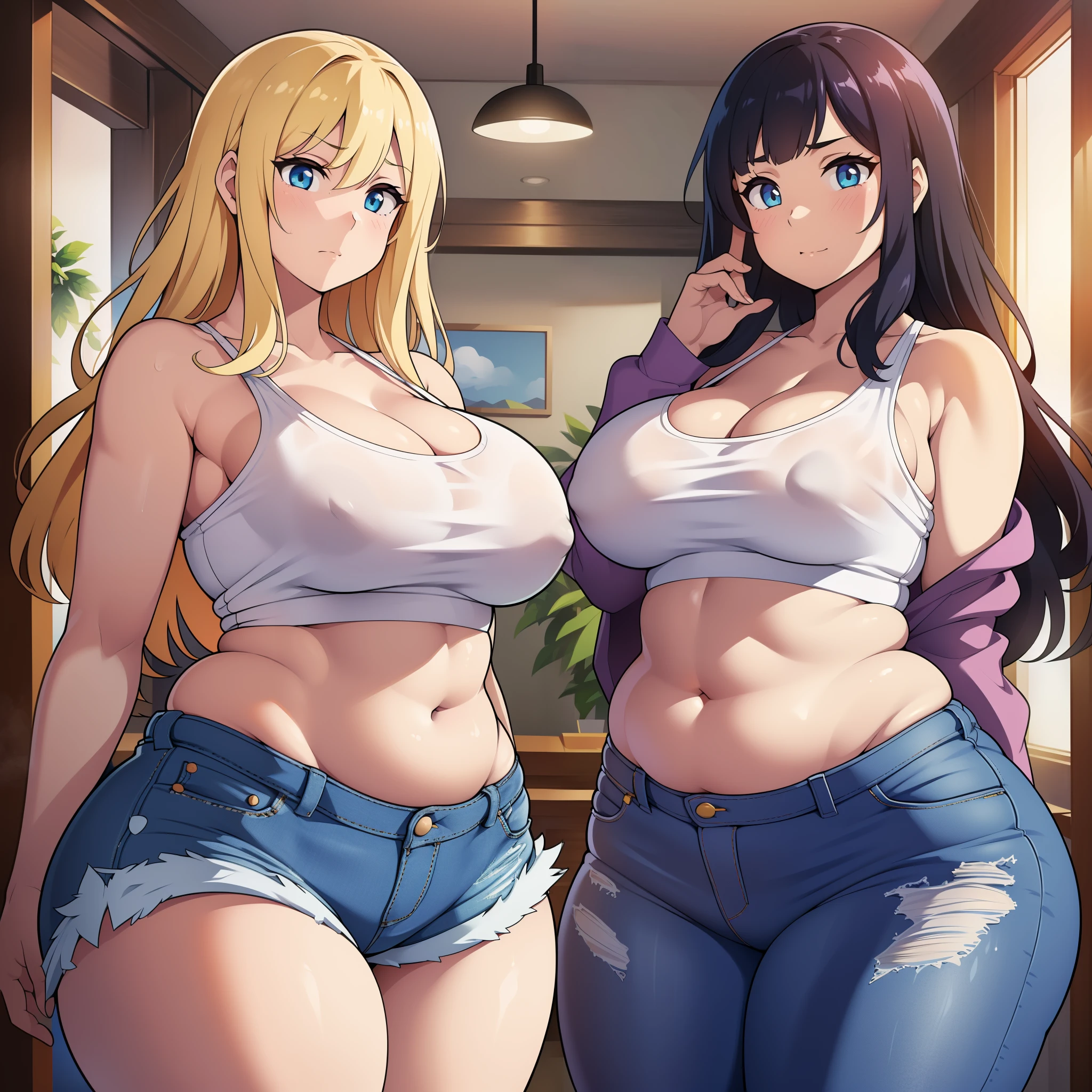 ((high reasterpiece), perfect anatomy, perfect shading, field of depth, (best quality), extremely delicate and beautiful, perfect lighting, detailed face, ultra cute face, cute, (cowboy shot 1.2), full body, (((2girls))), ((2 girls 1 and 2))

Girl 1: has long hair, fluffy hair, blonde hair, blue eyelush)), embarrassed (crop top 1.2), (jean shorts 1.2), extremely tight clothes, medium breasts, cleavage, perky breasts, ((wide hips)), (thick thighs), (chubby), pudgy belly, fat rolls, belly hang,

Girl 2: has short hair, fluffy hair, brown hair, green eyelush)), embarrassed, (white tank top 1.2), (jeans 1.2), extremely tight clothes, medium breasts, cleavage, perky breasts, (((wide hips))), ((thick thighs)), (plump), chubby belly, fat rolls, belly hang, she has a jiggly belly,

hotel lobby, intricate background, detailed background, girls are standing next to each other,