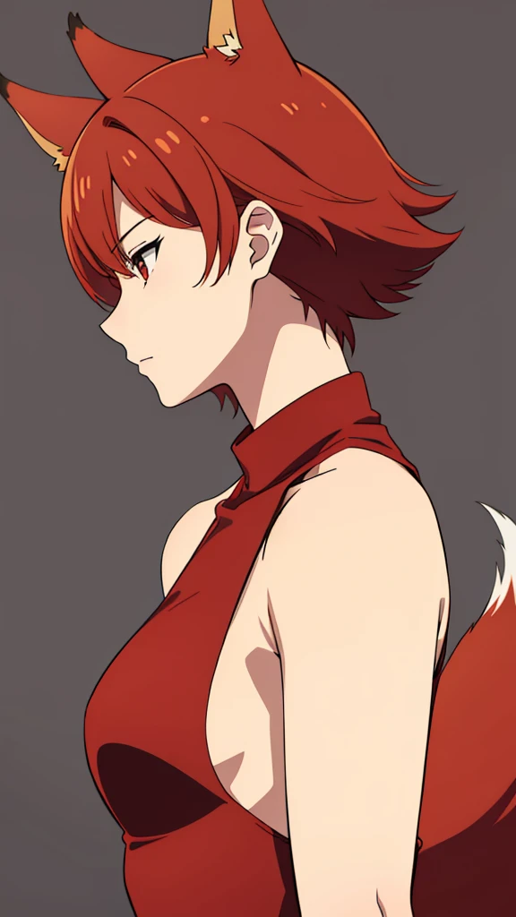 (1girl,20 years old,),red hair,short hair,(simple background),profile,fox tail,fox ears