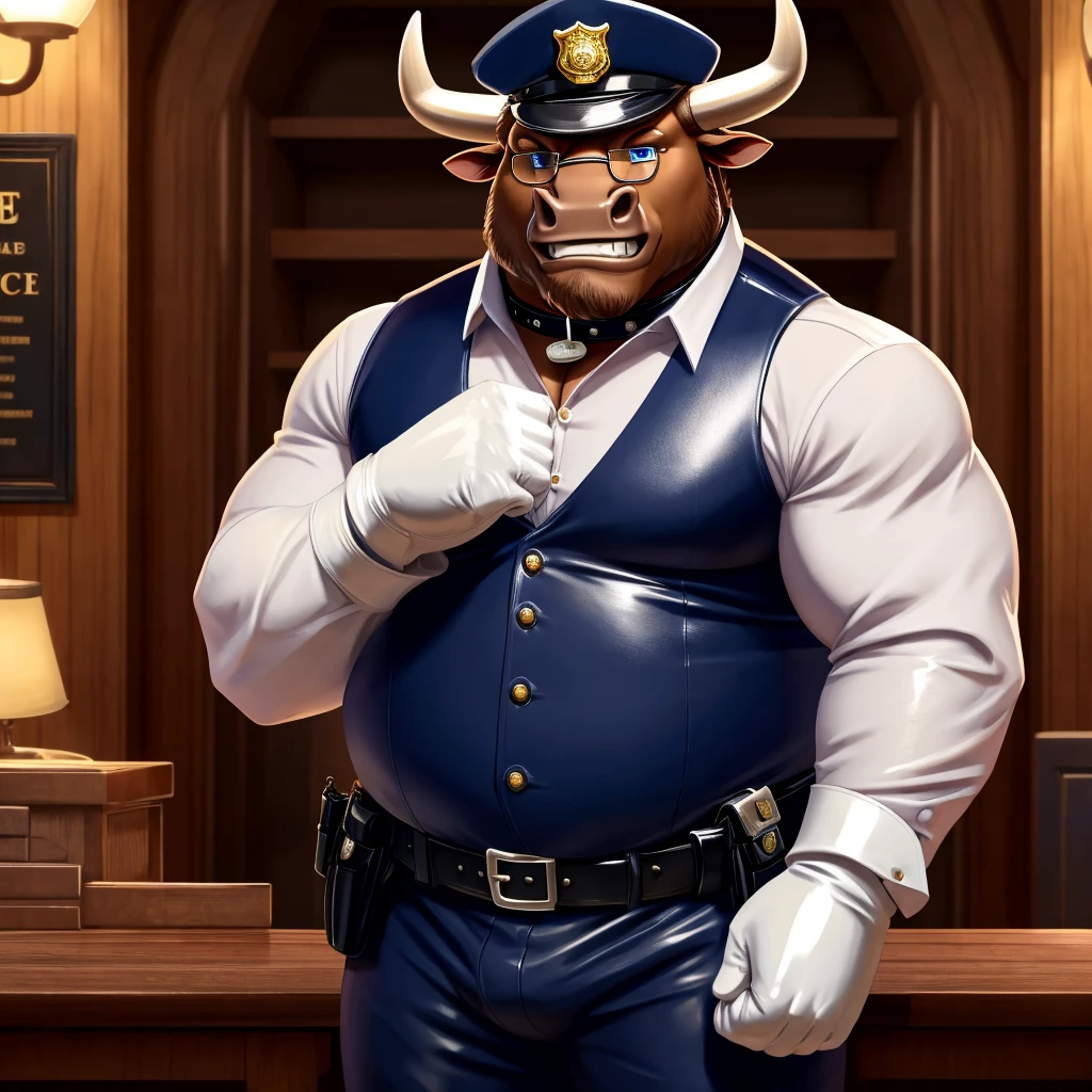 Solo, Male, fat, extremely obese, gentleman, dapper Minotaur, blue eyes, (soft shading), 4k, hi res, ((detailed face, detailed)), looking at viewer, evil grin, police station, collared shirt with buttons, hat, male focus, Police Uniform, glasses, monocle, vest with buttons, sleeves rolled up, round eyewear, headwear, vest, Minotaur is wearing a glossy leather dog collar around the neck, Minotaur is wearing the leather collar and shirt and vest at the same time, Minotaur is wearing glossy white rubber gloves on the hands, wearing white rubber gloves on the feet, gloves are rubber in texture, clenching teeth, clenching fists, leather collar is glossy and shiny with a lot of detail, Minotaur is wearing gloves and leather collar at the same time, leather collar has a round dog-tag, leather collar is thick and detailed, white rubber gloves on the feet Minotaur is wearing gloves and leather collar at the same time, leather collar has a round dog-tag, leather collar is thick and detailed, leather collar is glossy and shiny, fancy clothing, dapper vest, dapper shirt, leather collar is thick, glossy leather collar.