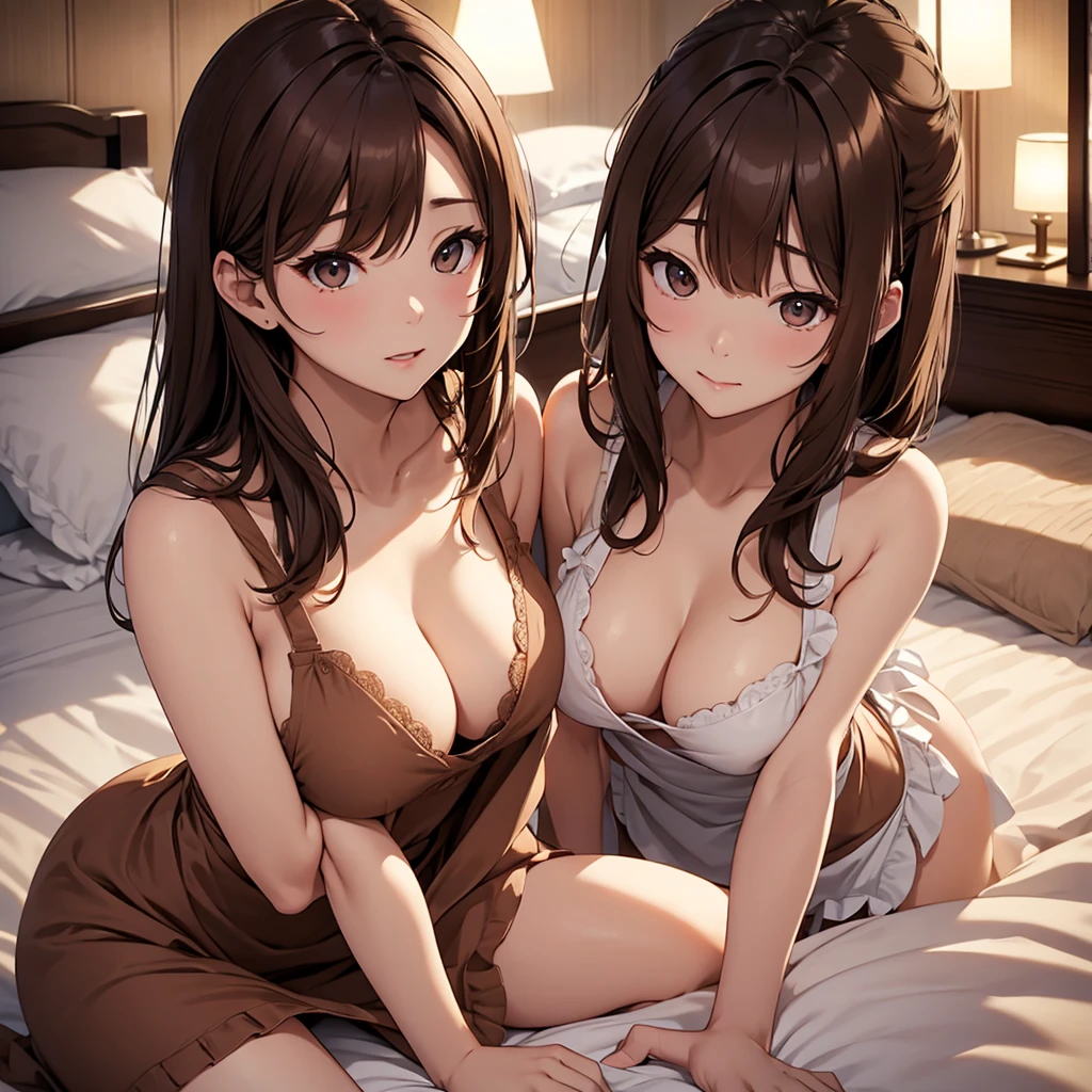 Sexy、Cleavage Emphasis、Brown hair long、Naked Apron、chest、Double、slim、cute、sex appeal、Shoulder Bare、lure、Hotel、Lying on your back in bed、