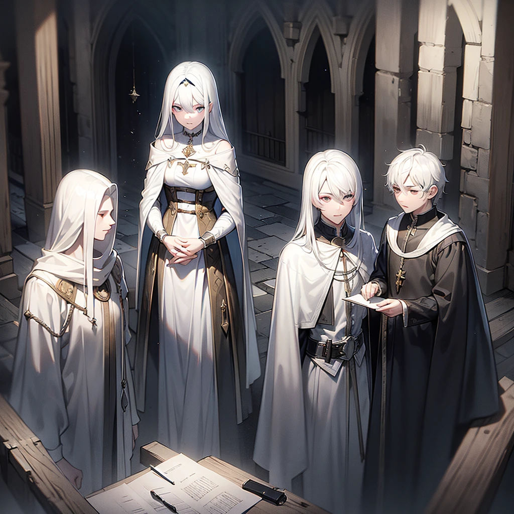Four men sitting in a medieval inn, white and black, pencil draw, sketch, style of Anne Stokes, by Anne Stokes, white cloak, trees on background, no pupils, angry, white hair, high detail, from above, panorama, anatomically correct, super detail, high quality, best quality, highres, 4K