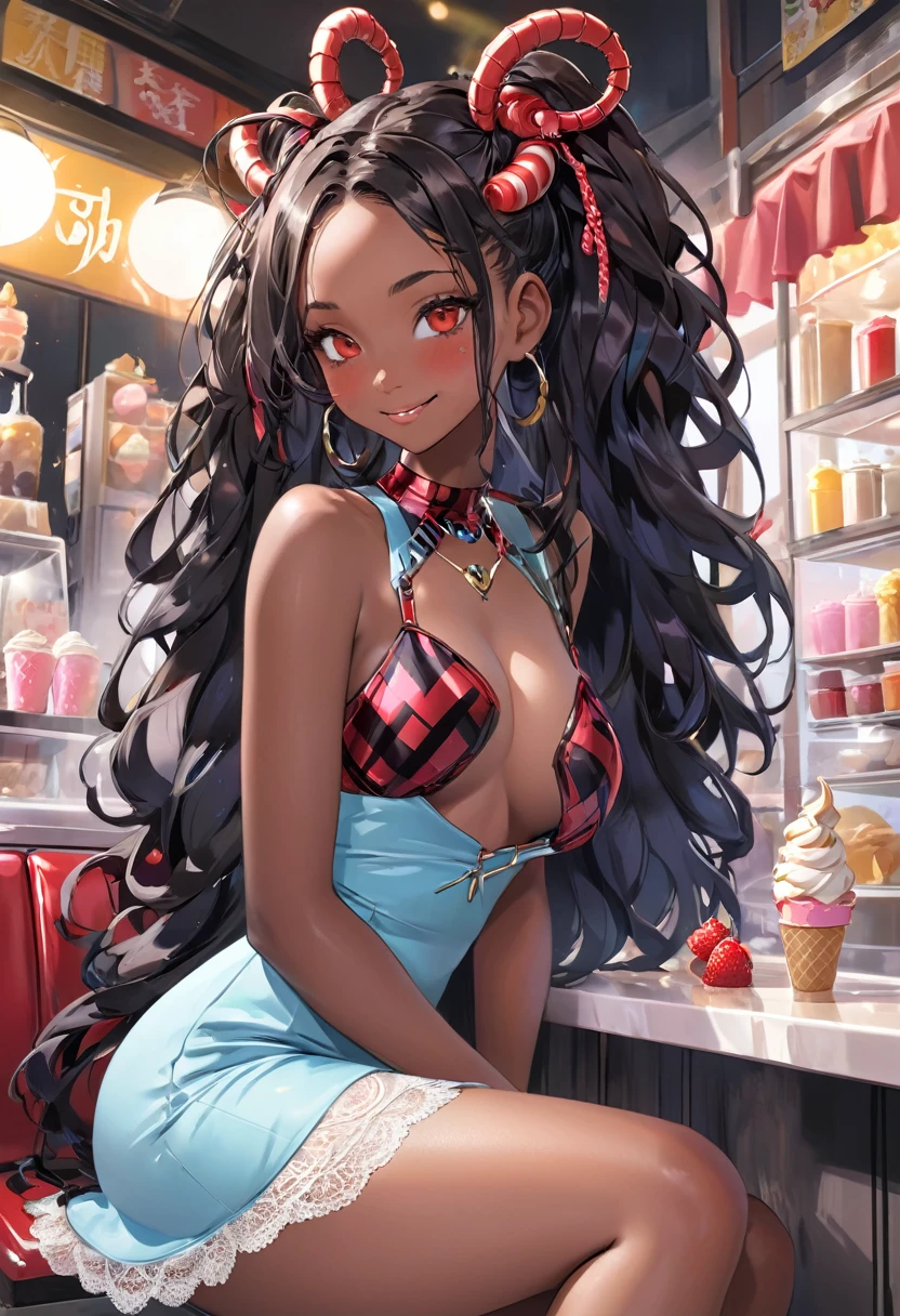 (BENGUS,Edayan,luster berry,  falcoon):1.2, (hyper-defined art, anime coloring, best quality, hyper-hdr, 8k uhd,  hyper absurdres, (raw sensuality, black woman, black and red striped  thick scorpion tail, , sitting in a  ice cream parlor,  dreadlocks,  headphones,impossibly beautiful african-caribbean features, red and brown heterochromia eyes, sitting,  licking ice cream, backless, sleeveless dress,  thigh lace clogs),  (very dark skin,  voluptuous, curvy, strong, shortstack, black hair, soft face, small wide nose, firm medium breast, curvy hips,  wide hips),hyper aesthetic, hyper-detailed  background), Lusterise, ,({Hyper stylistic, sharp gradients, deep highlights, hyper exposure,  hyper detailed smooth textures),  perfect hands,  hyper perfect , perfect eyes, perfect anatomy, perfect  physiques, amazing skin, hyper-detailed eyes,  hyper-detailed features, salaciously smiling, dynamism,   dynamic lighting, dynamic shading, sensual shadowing,  sensual atmosphere 