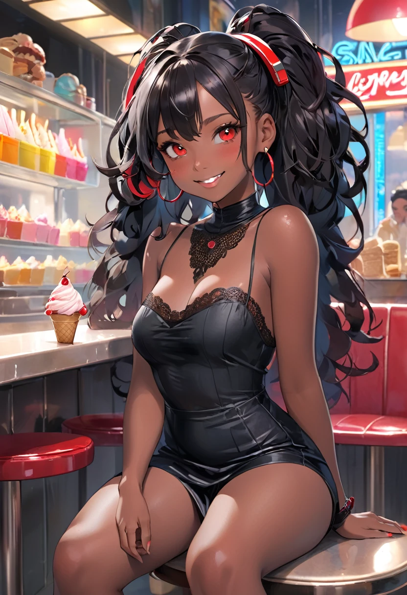 (BENGUS,Edayan,luster berry, falcoon):1.2, (hyper-defined art, anime coloring, best quality, hyper-hdr, 8k uhd, hyper absurdres, (raw sensuality, black woman, black and red striped thick scorpion tail, , sitting in a ice cream parlor, dreadlocks, headphones,impossibly beautiful african-caribbean features, red and brown heterochromia eyes, sitting, licking ice cream, backless, sleeveless dress, thigh lace clogs), (very dark skin, voluptuous, curvy, strong, shortstack, black hair, soft face, small wide nose, firm medium breast, curvy hips, wide hips),hyper aesthetic, hyper-detailed background), Lusterise, ,({Hyper stylistic, sharp gradients, deep highlights, hyper exposure, hyper detailed smooth textures), perfect hands, hyper perfect , perfect eyes, perfect anatomy, perfect physiques, amazing skin, hyper-detailed eyes, hyper-detailed features, salaciously smiling, dynamism, dynamic lighting, dynamic shading, sensual shadowing, sensual atmosphere