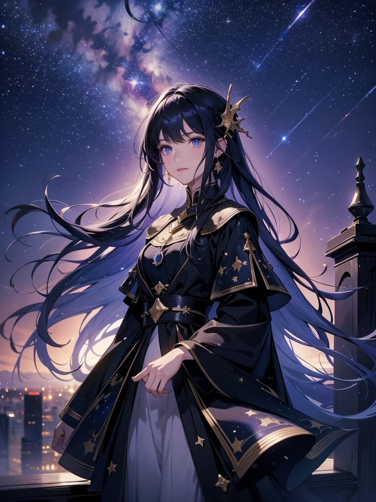 Wide dark starry sky, creative, wallpaper, 4K, best resolution, work of art, pointing to the stars, half Moon, super detailed looking at the sky, nebula, mist, fancy, distant city, medieval era, melhor ualidade, cabelo roxo