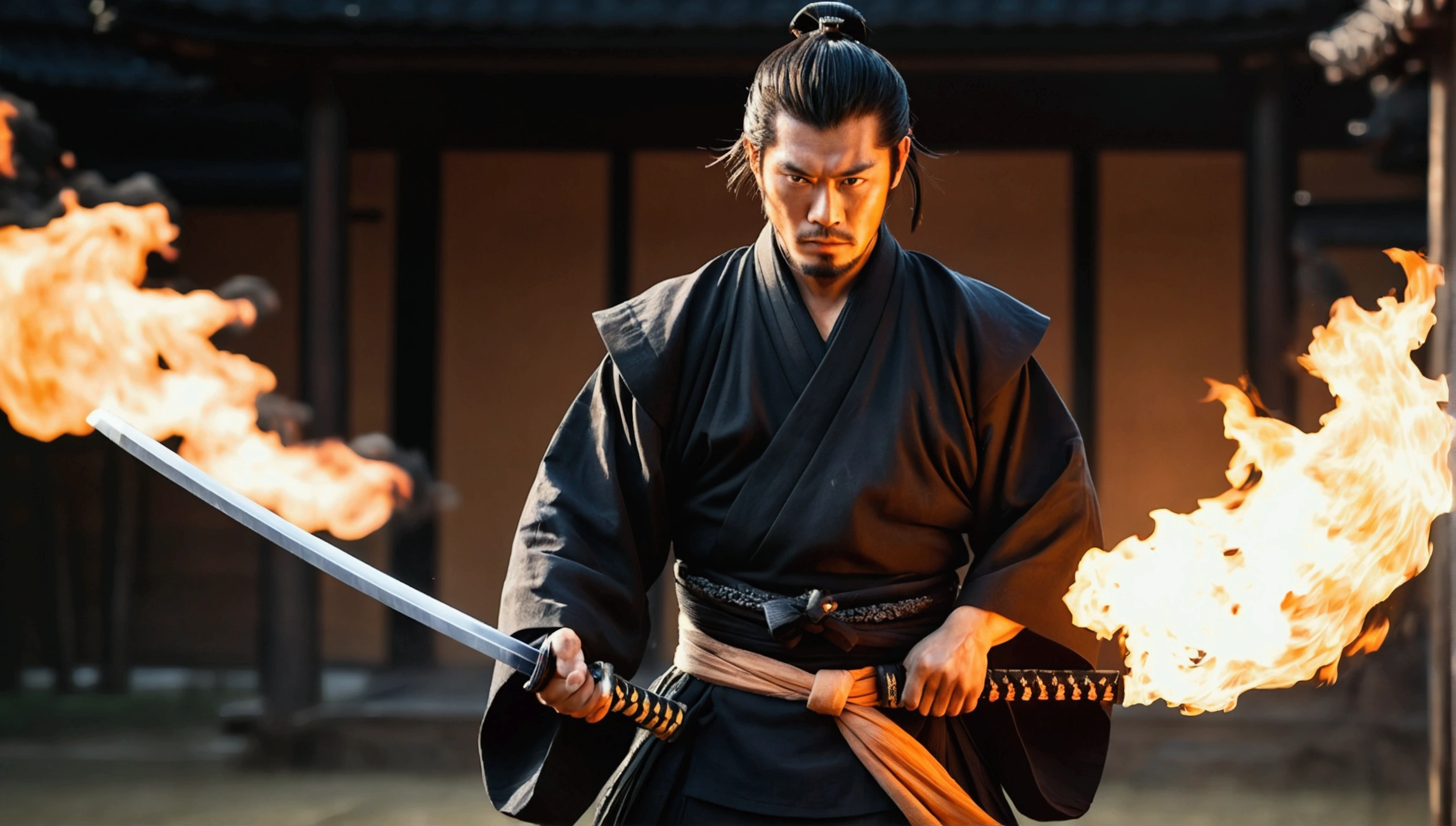 Samurai with a sword, Realistic effect of wearing black hakama, Blur the background, 8K, Burning Fire,