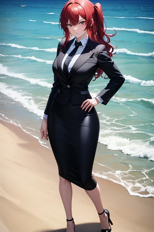 ((masterpiece, best quality)), highres, beautiful angry business woman looking at viewer frustrated, black business suit, black midi pencil skirt, long skirt, black blazer and tie, heels, full body, hand on hip, wavy crimson hair, summer, beach, ocean, ocean waves, rock, sand