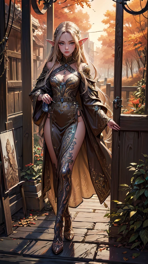((highest quality)),(Ultra-high resolution),(Very detailed),(Detailed Description),((The best CG)),(A masterpiece),Ultra-detailed art,Amazing drawing art,(Art with exquisite detail:1.5), narrow road, Autumn winds, Broke up, dusk,detailed face, detailed eyes, detailed hands, elf woman, full body