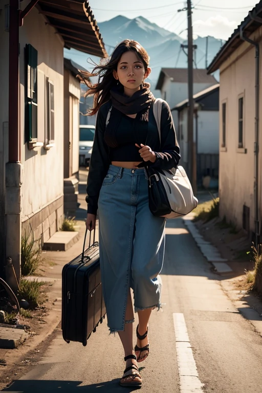 the same woman leaving her house outside a town environment