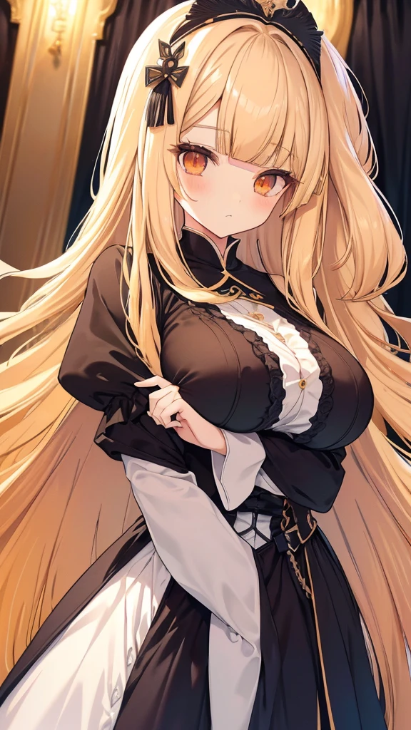 best quality, extremely detailed,anime style girl,((wavy)) long hair,((((blunt bangs)))),(hair between eyes),bright blond hair,beautiful detailed eyes,Orange eyes,Sharp eyes with many eyelashes,huge breasts,fantasy black costumes,blouse,trousers,hair ornament,Luxurious room,cool expression,
