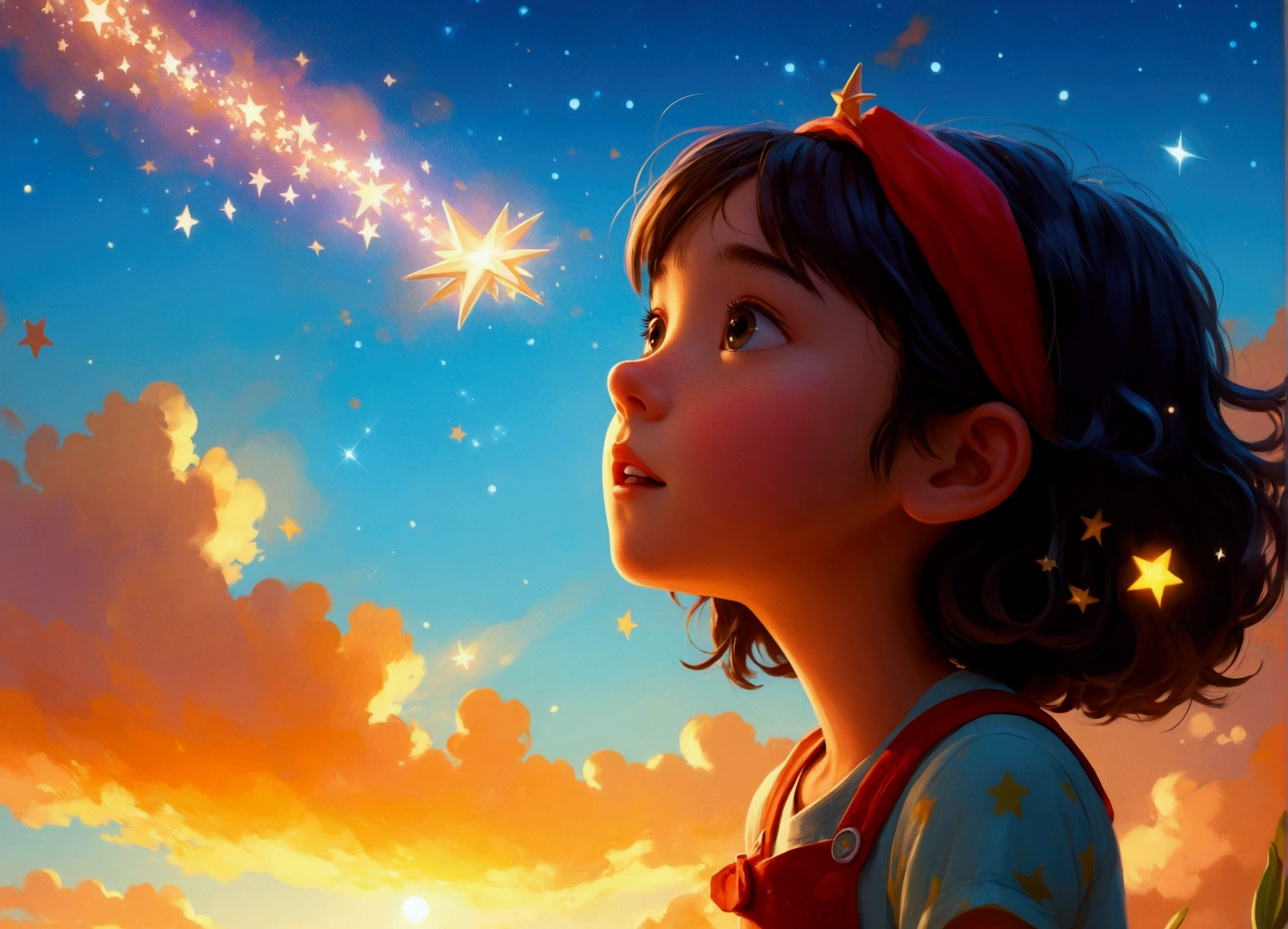 best quality, high_resolution, distinct_image, detailed background , girl, random wear, flower, night sky, dutch angle, wide shot, shy smile, crown,  