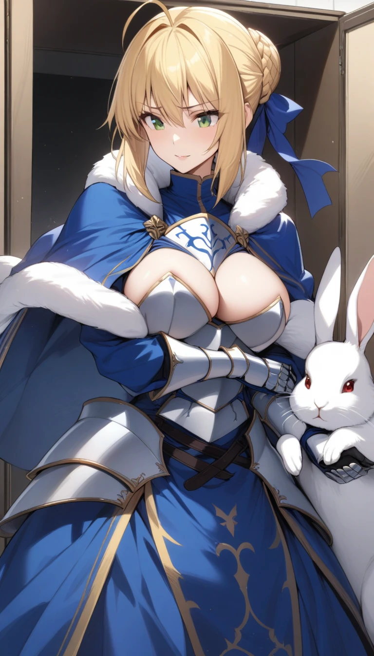 masterpiece, best quality, very aesthetic, absurdres, 1girl, mature_lady, holding 2 big white rabbits, rabbits cover breasts, upper body,,saber_(fate), fate_(series), 1girl, ahoge,blonde_hair,braid, braided_bun,single_hair_bun, hair_ribbon, green_eyes, armor, armored_dress, blue_cape, blue_dress, blue_ribbon, breastplate, cape,dress, faulds, fur-trimmed_cape, fur_trim, gauntlets,long_sleeves,,in female changing room,,floating_clothes