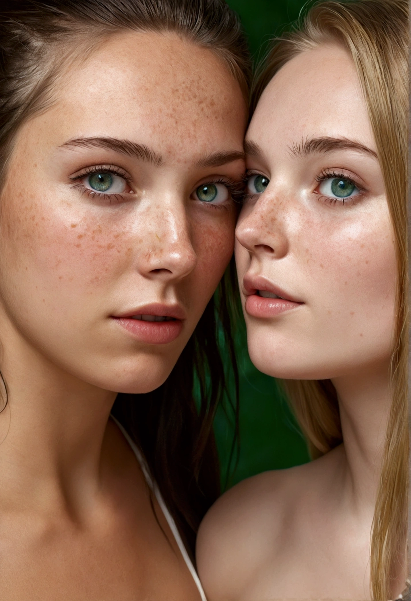 2 incredible beautiful girls hugging naked (masterpiece, best quality, high resolution:1.4) in the rain, pressing breast to breast, (small breast:0.9), facing each other, skin pores texture, Hair blonde, movie, cinematic, full Body, Realistic, erotic photography, (8k, RAW photo, best quality, masterpiece:1.2), (realistic, photo-realistic:1.33), best quality, detailed eyes blue, cute, natural lighting, depth of field, film grain, sharp, (freckles:0.7), outside, chapped lips, soft natural lighting, photo realism, ultra-detailed, Leica 50mm, yuri, sweet girls love, aroused cuddle