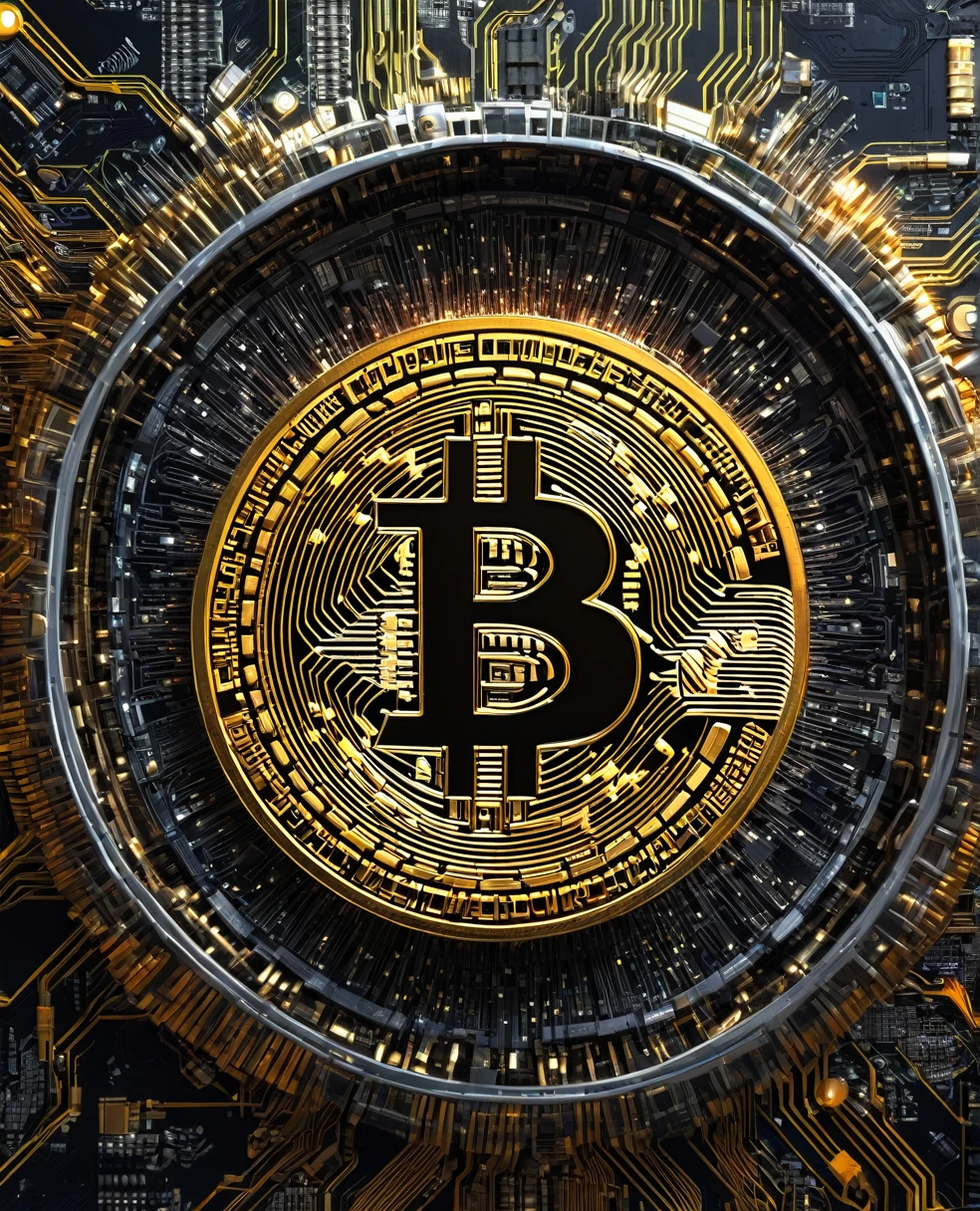 Bitcoin, the Bitcoin symbol in a technological and electronic scenario, cyberpunk and futuristic, Science fiction, hightech, photo realist, best qualityer