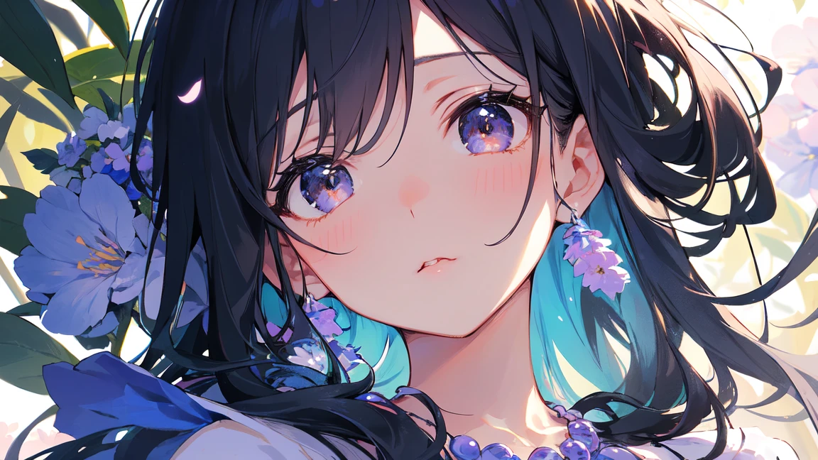 A beautiful girl, hair over the shoulder, clear eyes, smooth hair, exquisite and perfect facial features, the most beautiful big eyes, long eyelashes, sweet eyes with lying silkworms, pout, dynamic angle, ultimate picture quality, the highest precision, accurate and perfect human body, necklace, bust, close-up, outdoors, background is flowers and plants, long shot,