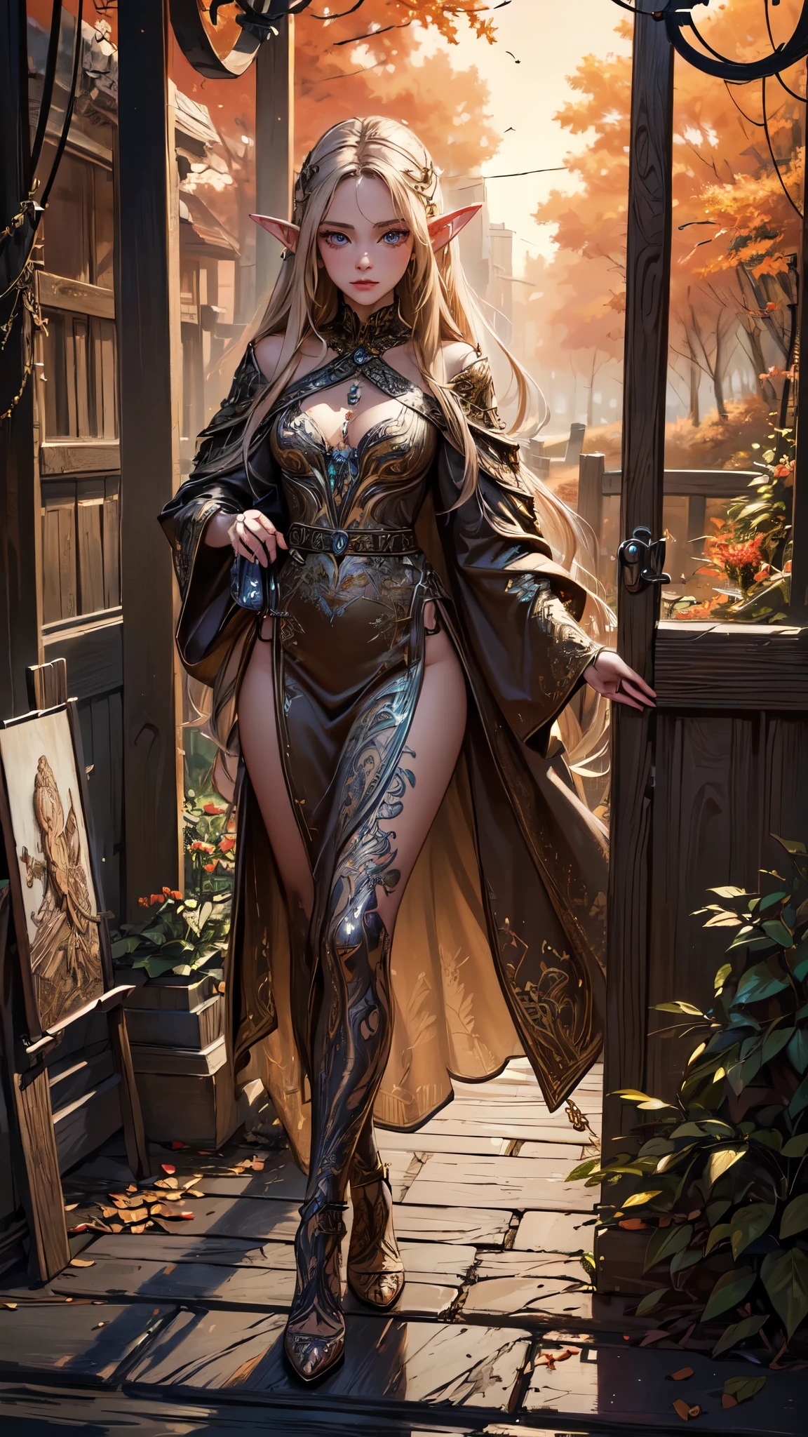 ((highest quality)),(Ultra-high resolution),(Very detailed),(Detailed Description),((The best CG)),(A masterpiece),Ultra-detailed art,Amazing drawing art,(Art with exquisite detail:1.5), narrow road, Autumn winds, Broke up, dusk,detailed face, detailed eyes, detailed hands, elf woman, full body