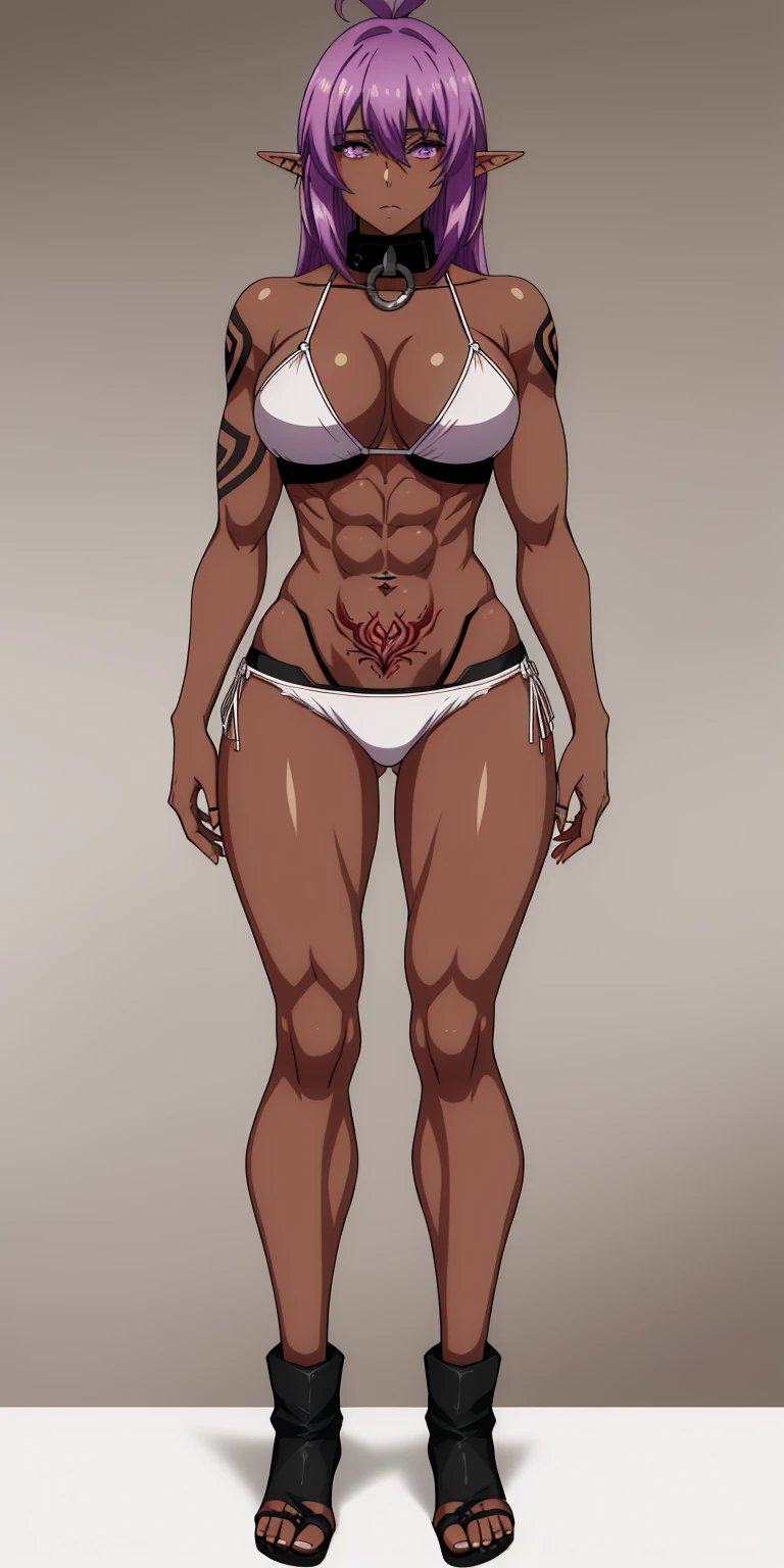 ((1woman)) whole body, standing, gray skin, drow, elf, 1 girl, maduro, purple eyes, by white, black bikini, ABS, Large knockers, tattered rags, chain collar, stomach tattoo (red tattoo)