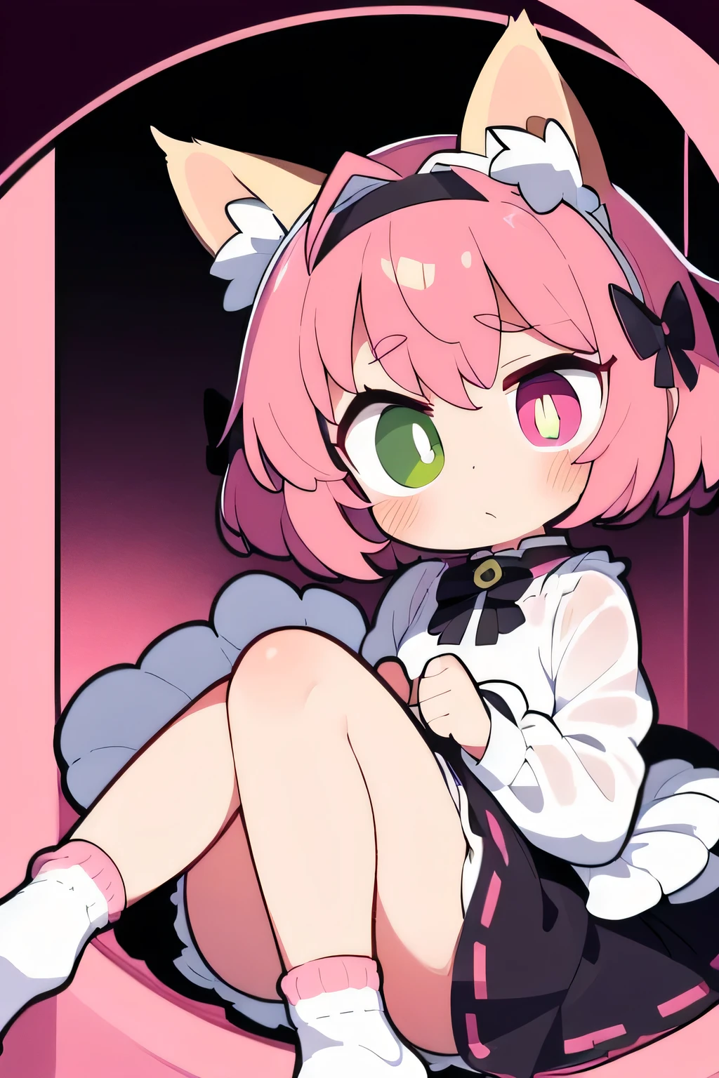 malevolent, evil look, pink hair, short hair, green eyes, animal ears, fake animal ears, cat ears, hairband, dress, striped, socks, night background,Annie Hastur, Smol, Cat Ears Headband,