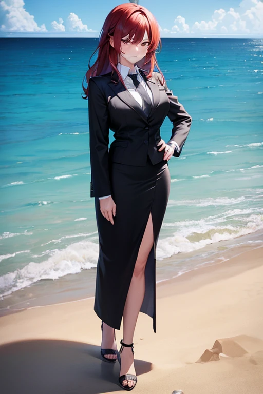 ((masterpiece, best quality)), highres, beautiful angry business woman looking at viewer frustrated, black business suit, black midi pencil skirt, long pencil skirt, black blazer and blouse, heels, full body, hand on hip, wavy crimson hair, summer, beach, ocean, ocean waves, sand
