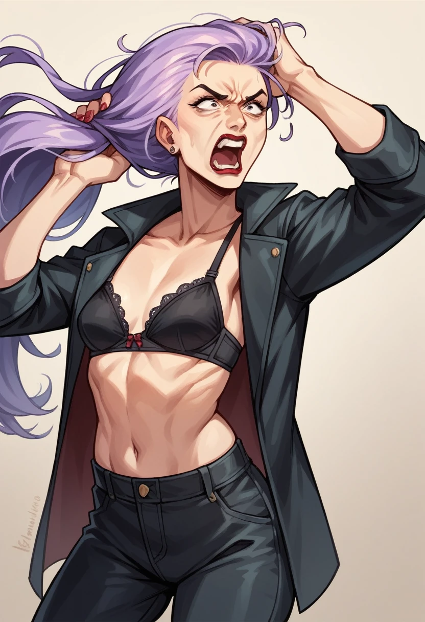 beautyful woman, lilac hair, red lipstick, sidecut hair, long hair, long ponytail hair, black bra, black jacket, black pants,, milf, mature, slender body, small breasts, mature face,in a hurry, tense, screaming, quarrel, holding head