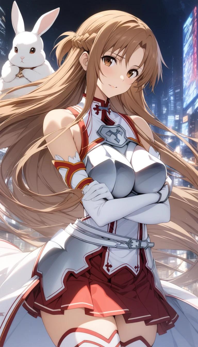 masterpiece, best quality, very aesthetic, absurdres, 1girl, mature_lady, holding 2 big white rabbits, rabbits cover breasts, upper body,,asuna_(sao), sword_art_online, brown_eyes, brown_hair, long_hair, very_long_hair, braid, french_braid,armor, armored_dress, breastplate, white_armor, belt, white_belt, dress, white_dress, detached_sleeves, elbow_gloves, gloves, sleeveless, sleeveless_dress, miniskirt, pleated_skirt, red_skirt, skirt, thighhighs, white_thighhighs, zettai_ryouiki,,in a city floating in sky,floating_hair