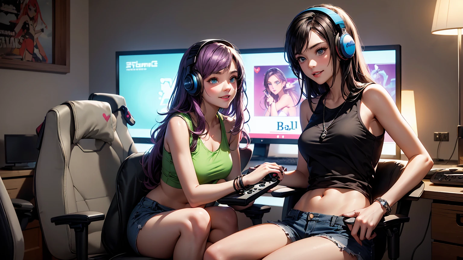 Render a top-quality image of two 18-year-old girls in a nerdy gaming room having a sleepover. The first girl has a heart tattoo on her right shoulder, long purple hair, and blue eyes. She is wearing a black navel crop top and jean shorts, highlighting her slender figure and best bust of 85. She is sitting in a gaming chair, slouched with a smile, holding a gaming controller. The second girl, her girlfriend, has long pink hair and green eyes. She is wearing a white tank top and denim shorts, showing off her fit and curvy figure. She is standing behind the gaming chair, leaning in with a smile, holding a second controller. Both girls are adorned with chain accessories, black wristbands, and gaming headphones.
The background features a cozy, neon-colored room filled with various nerdy and gaming paraphernalia, including posters, action figures, and gaming consoles. The room has a gaming PC on a desk, a gaming chair, and a bed with plush pillows and blankets to enhance the sleepover ambiance. The image should exhibit high-quality visual artistry, with intricate details and a warm, inviting atmosphere, capturing the fun and relaxed vibe of a gaming sleepover.