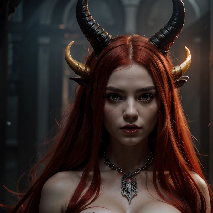 1 Demon woman with horns, fiery red long hair, ultra detailed face and eyes, hyperrealistic, realistic representation, 30 years old, dancing in hell, pretty face, her clothes consist of chains,  full body view 