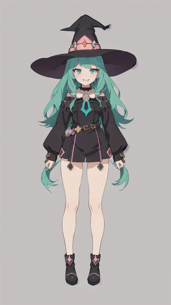 a cartoon girl in a witch costume with a hat and boots, witch girl, astral witch clothes, flirty anime witch casting magic, bright witch, full body character design, witchcore clothes, witch academia, anime full body illustration, anime character design, dark witch character, mechanized witch girl, witch clothes, , anime in fantasy style
