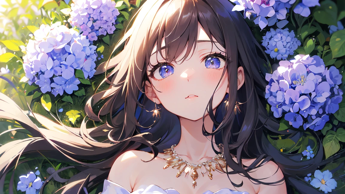 A beautiful girl, hair over the shoulder, clear eyes, smooth hair, exquisite and perfect facial features, the most beautiful big eyes, long eyelashes, sweet eyes with lying silkworms, pout, dynamic angle, ultimate picture quality, the highest precision, accurate and perfect human body, necklace, bust, close-up, outdoors, background is flowers and plants, long shot,