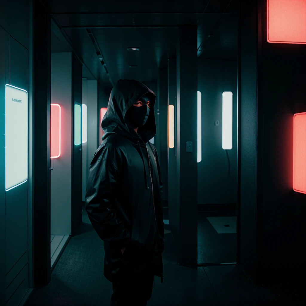 masked hooded man color corridor neon liminal space cold light tamisé omoide tokyo
