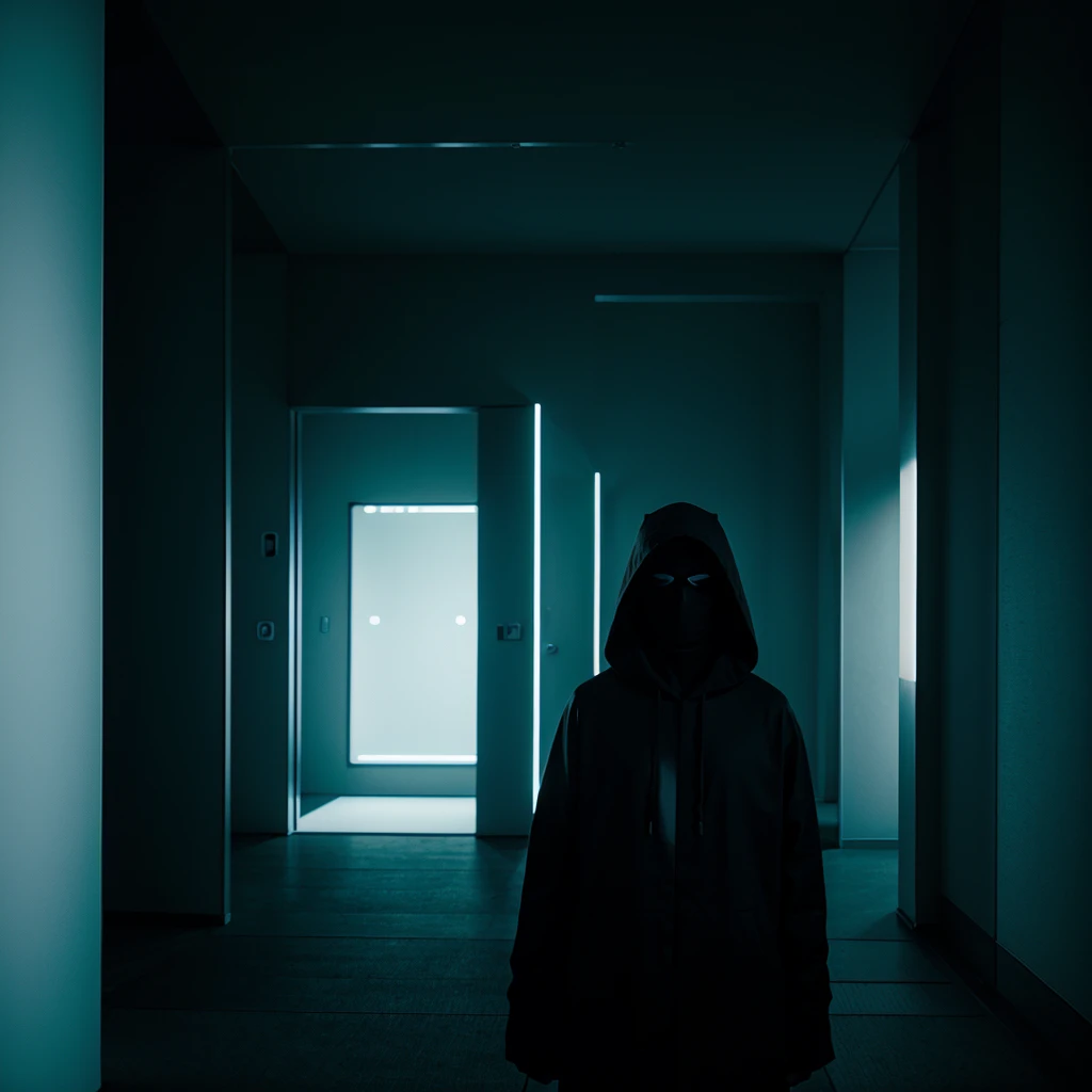 masked hooded man color corridor neon liminal space cold light tamisé omoide tokyo