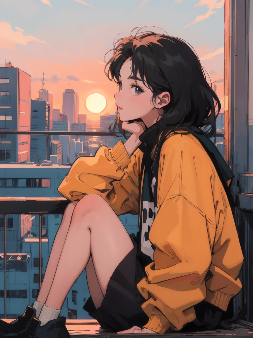anime girl sitting on floor looking out window at city, anime aesthetic, anime vibes, Lofi Artstyle, Lo-fi portrait, Watching the sunset. anime, Lofty Girl, anime art wallpaper 4 k, anime art wallpaper 4k, anime art wallpaper 8 k, anime background art, Lofi Color, Lofi Art, anime asthetic, The background is the wall of the room