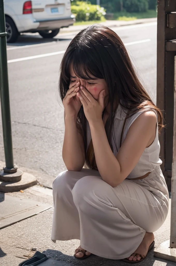A woman defecating while crying