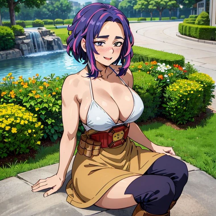 1girl, alone, lady nagant,(best quality, ultra detailed), ((full-face blush)), (detailed background:1.2), (perfect face, detailed face), looking at viewer, (mature female:1.4), smile lady_nagant, large breasts, short hair, sleeveless, streaked hair, bare shoulders, medium hair, belt, dress, purple hair,multicolored hair ,boots (garden, outdoors, sitting), perfect hands, perfect anatomy ((en bikini de color blanco "se resalte  las tetas" y  toda mojada)), *(("cara de excitada sacando la lengua" ))* ((en bikini ))