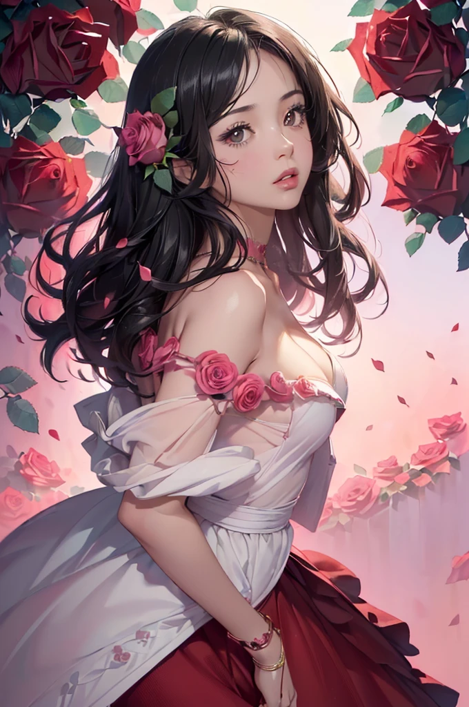 Staring straight ahead，Facing forward,front facing portrait((Highly detailed CG unit 8k wallpaper, masterpiece, High resolution, highest quality, highest qualityのリアルテクスチャスキン)), ((very beautiful woman,  :1.5, plump lips,  (messy black hair, white skin, small breasts), ((and handle background, Colorful background with roses and 、PINKwarm color)),  hyper realistic, digital painting, concept art,,Girl looking straight ahead,sexly,front facing body looking up，comprehensive,A red dress with an open chest,Date