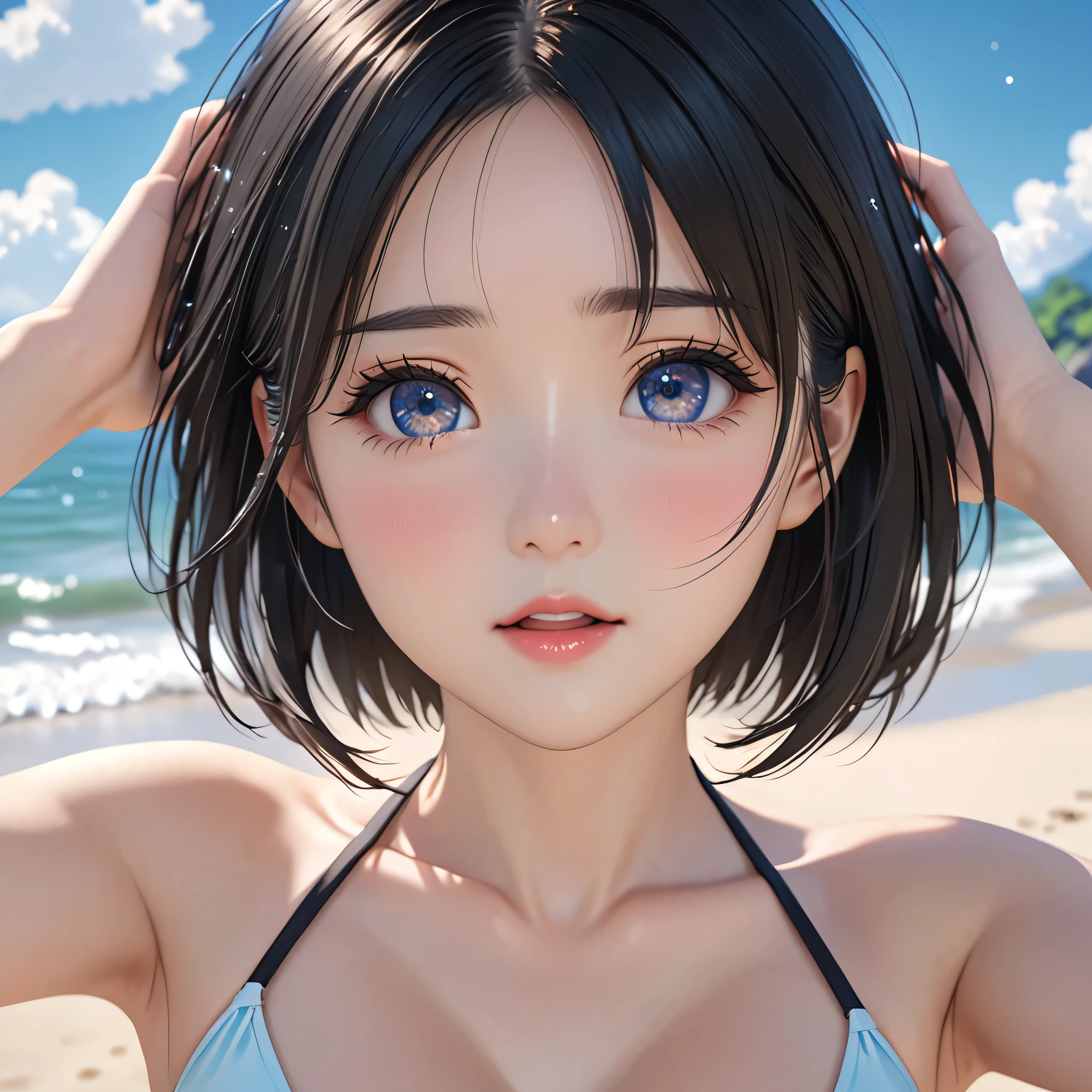 National Science Foundation,masterpiece,High resolution,8K,Art,digit,Three-dimensional,Realism,Kyoto Animation Style,your name movie style,looking into camera,cute,baby face,On the scenic beach,(1 girl: 1.3),(alone: 1.4),(Bikini),Put your hands behind your head,Black hair,Long eyelashes,Slender legs,Short Bob,Close-up of upper body,Close-up,(Close up),Eyes as deep as the starry sky,shy,blush,open mouth