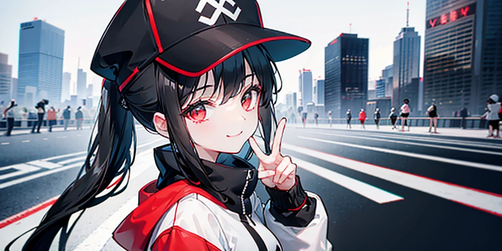 (ponytail),(Black Hair),beautiful girl,Peace sign near face, Wear a black hat,Red sneakers,In the crowd,White tops,Black jacket,Black shorts,Tall buildings,signal machine,A lot of people,smile