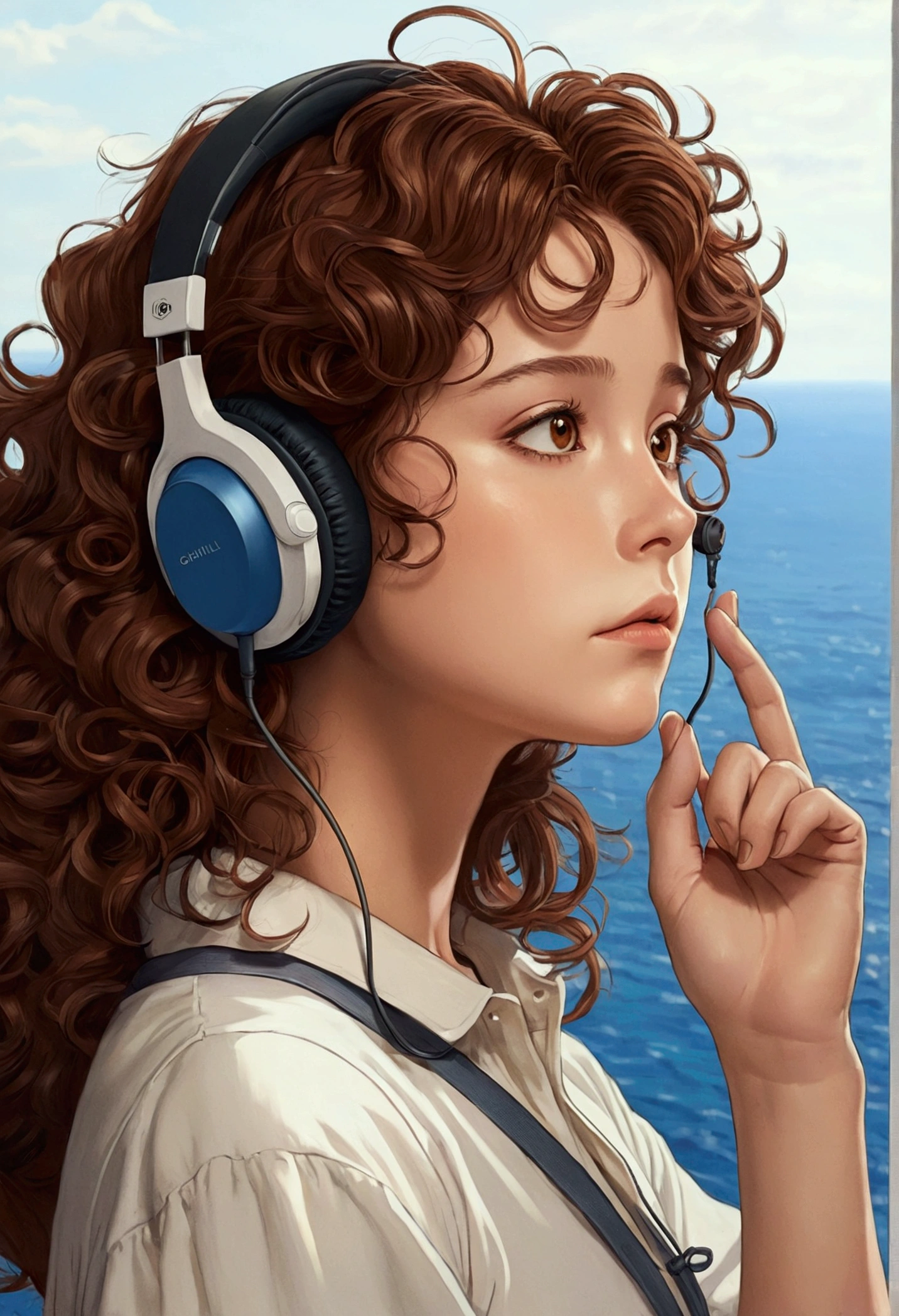 1 female, Honey Eyes, Brown curly hair, Looking to the horizon,I have a pen,Barely,I have headphones on,An illustration,Ghibli style