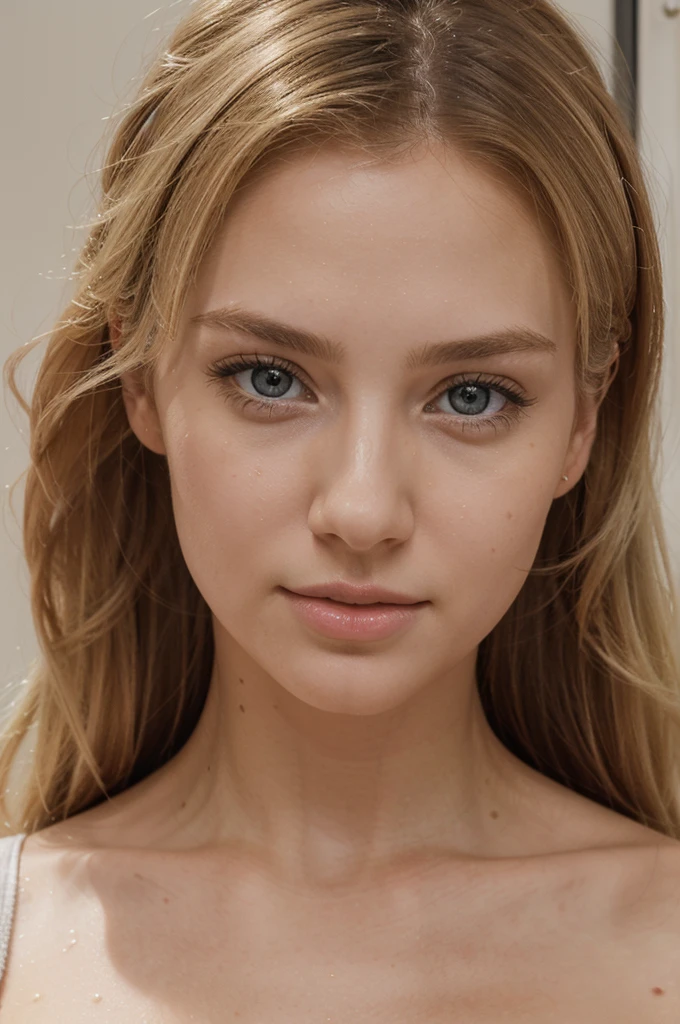 Image of a beautiful blonde young adult woman in an apartment. The image should be realistic and photo-realistic, with top quality, oneness, smooth and beautiful rendering, incredible detail, stunning visuals, and fine detail. The girl should have very detailed eyes and face, beautiful detailed eyes, bright face,with a beauty dot in the left cheek, blushing nose, and white skin. She should look happy. The image should be official art, in large file size, very detailed, high resolution, with a focus on beautiful girl details.