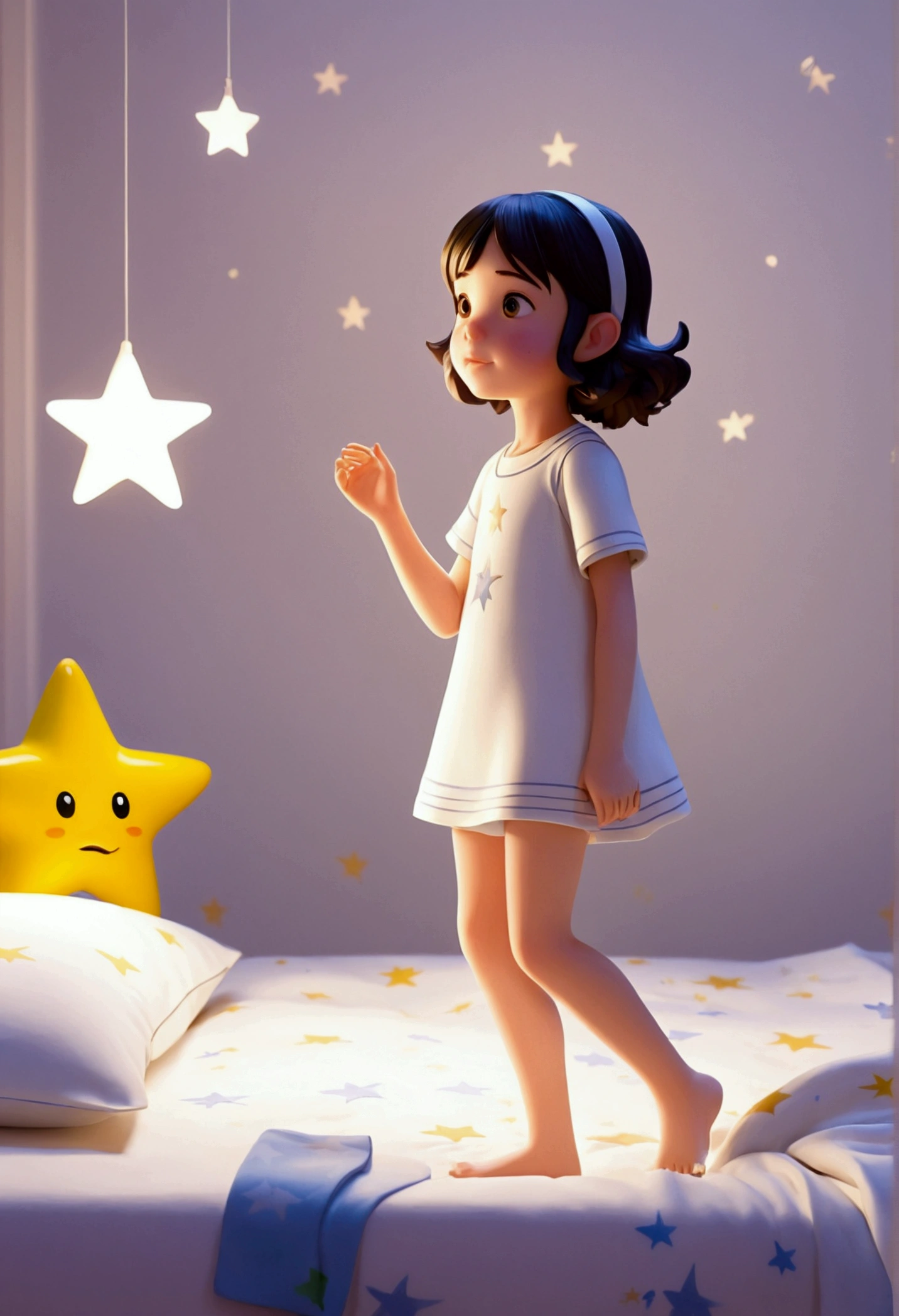 several figurines of a young girl playing star, walking in the garden with star, talking to star, in the room in bed with star, with Pixar and Ilya Kuvshinov, beautiful digital art, white background