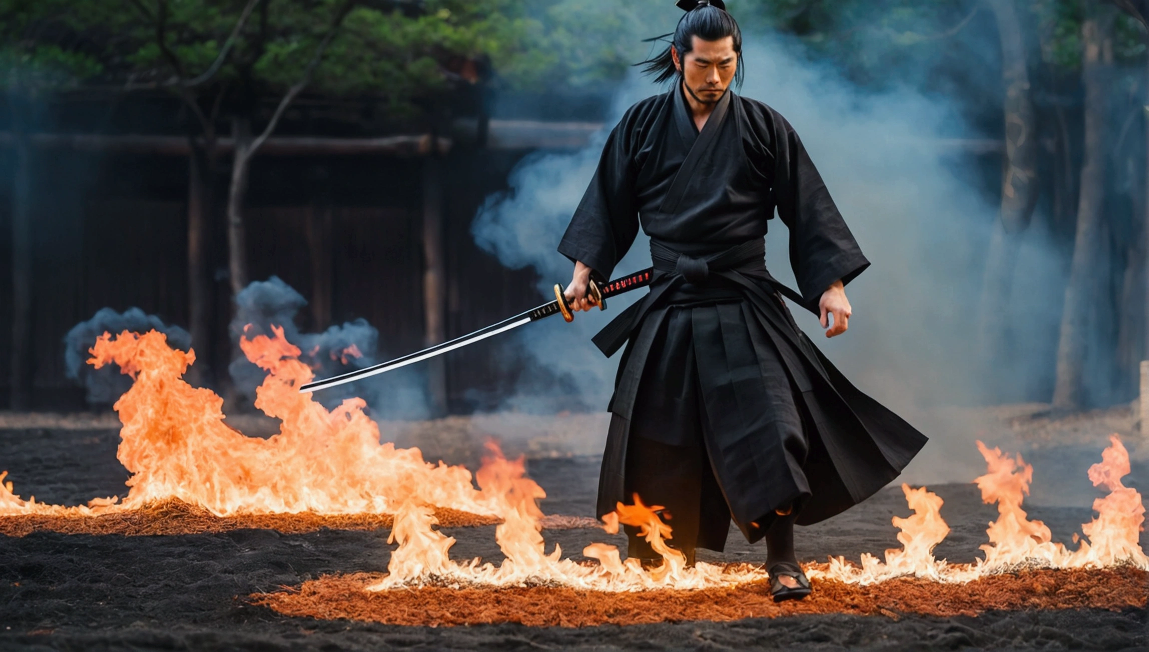 Samurai with a sword, Realistic effect of wearing black hakama, Blur the background, 8K, Fire burning on the ground,